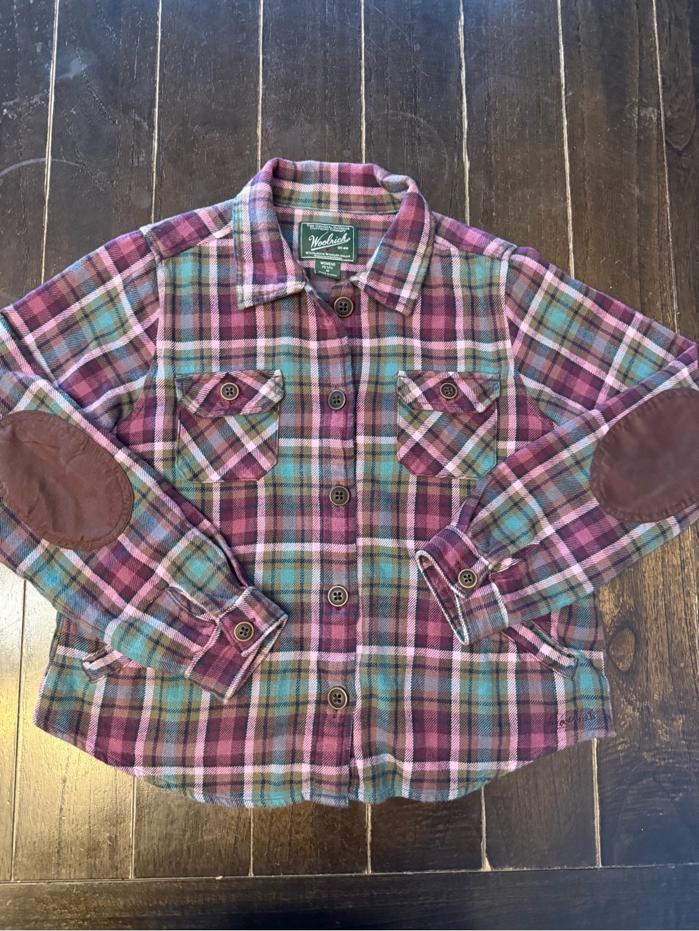 Woolrich Womens Petite M Plaid Flannel Shirt Elbow Patches Multicolor Cotton